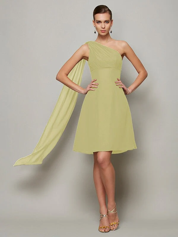 Classy Sleeveless One Shoulders Pleats Short Chiffon Bridesmaid Dresses - Image 8