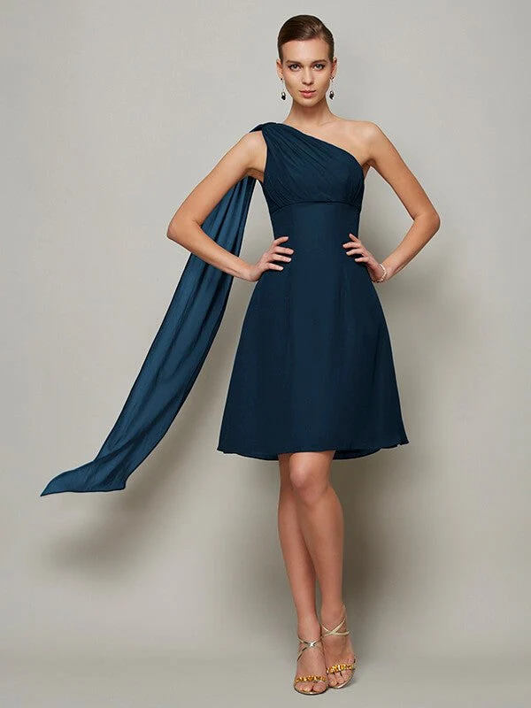 Classy Sleeveless One Shoulders Pleats Short Chiffon Bridesmaid Dresses - Image 9