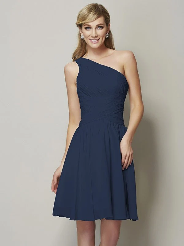 Classy Sleeveless One Shoulders Ruched Short Chiffon Bridesmaid Dresses - Image 10