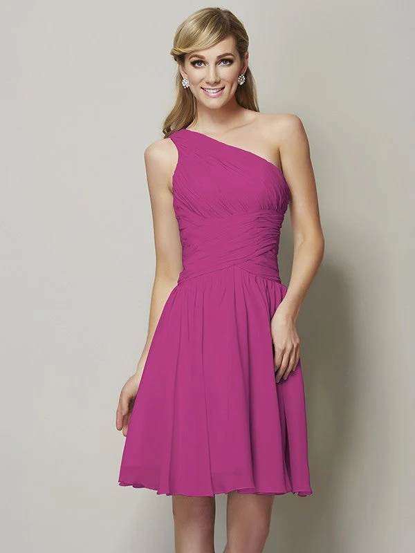 Classy Sleeveless One Shoulders Ruched Short Chiffon Bridesmaid Dresses - Image 11