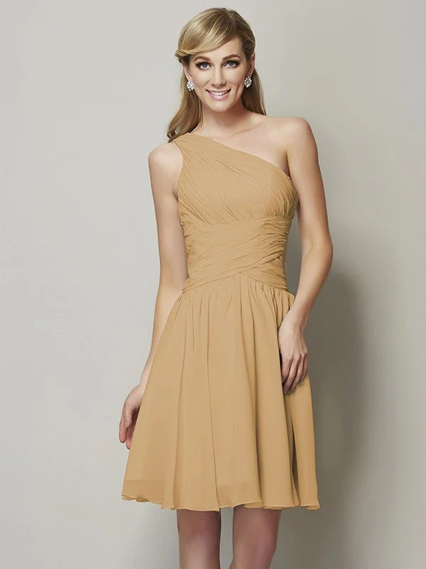 Classy Sleeveless One Shoulders Ruched Short Chiffon Bridesmaid Dresses - Image 13