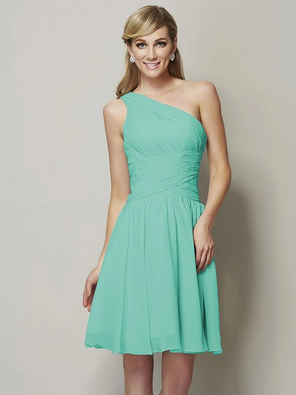 Classy Sleeveless One Shoulders Ruched Short Chiffon Bridesmaid Dresses - Image 14