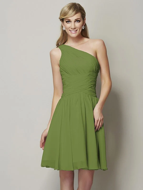 Classy Sleeveless One Shoulders Ruched Short Chiffon Bridesmaid Dresses - Image 15