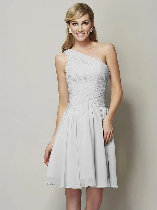 Classy Sleeveless One Shoulders Ruched Short Chiffon Bridesmaid Dresses - Image 16