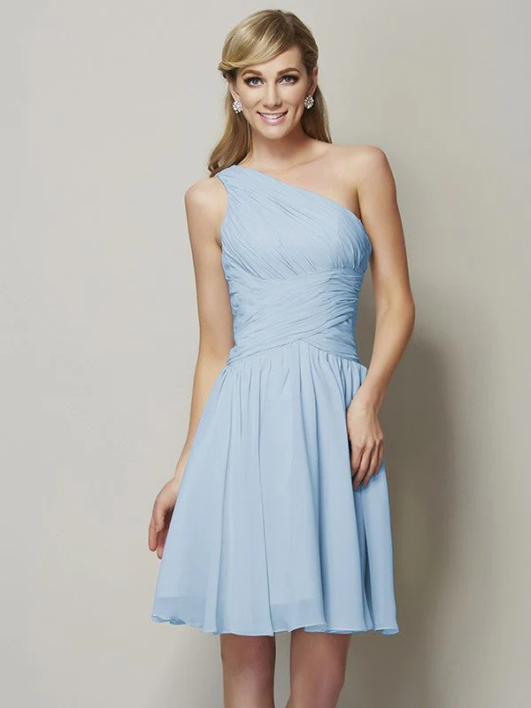 Classy Sleeveless One Shoulders Ruched Short Chiffon Bridesmaid Dresses - Image 17