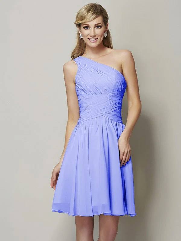 Classy Sleeveless One Shoulders Ruched Short Chiffon Bridesmaid Dresses - Image 18