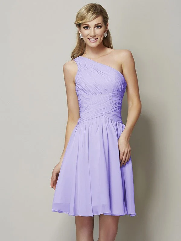 Classy Sleeveless One Shoulders Ruched Short Chiffon Bridesmaid Dresses - Image 19