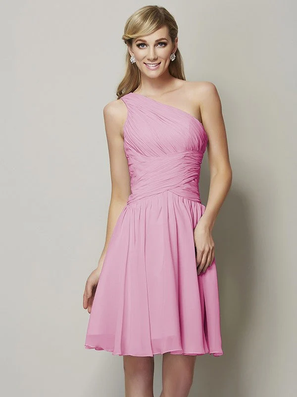 Classy Sleeveless One Shoulders Ruched Short Chiffon Bridesmaid Dresses - Image 20