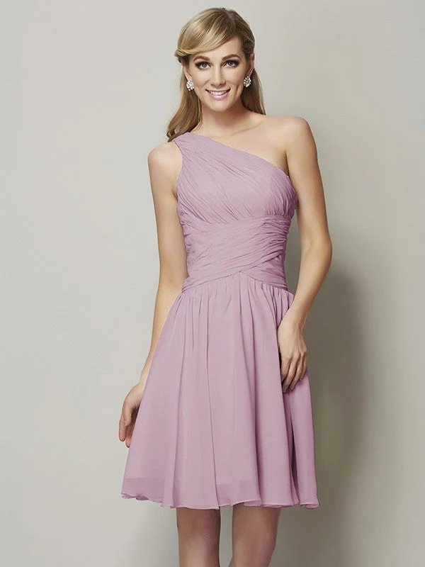 Classy Sleeveless One Shoulders Ruched Short Chiffon Bridesmaid Dresses - Image 21