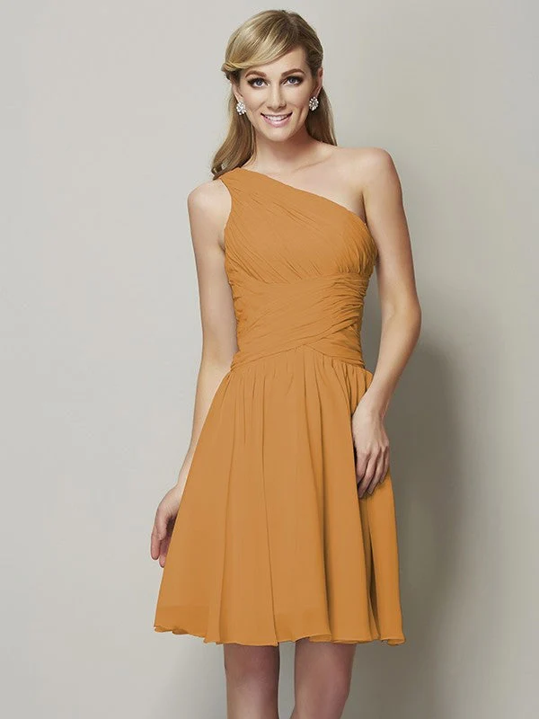 Classy Sleeveless One Shoulders Ruched Short Chiffon Bridesmaid Dresses - Image 22