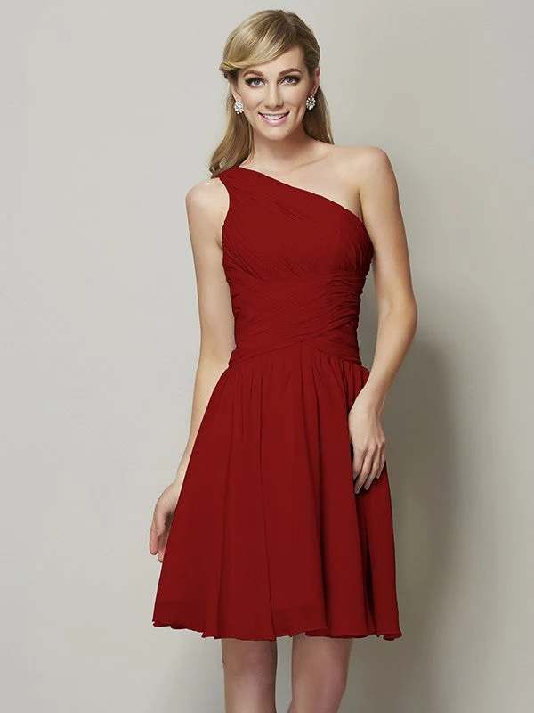 Classy Sleeveless One Shoulders Ruched Short Chiffon Bridesmaid Dresses - Image 23