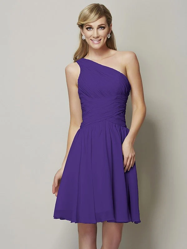 Classy Sleeveless One Shoulders Ruched Short Chiffon Bridesmaid Dresses - Image 24