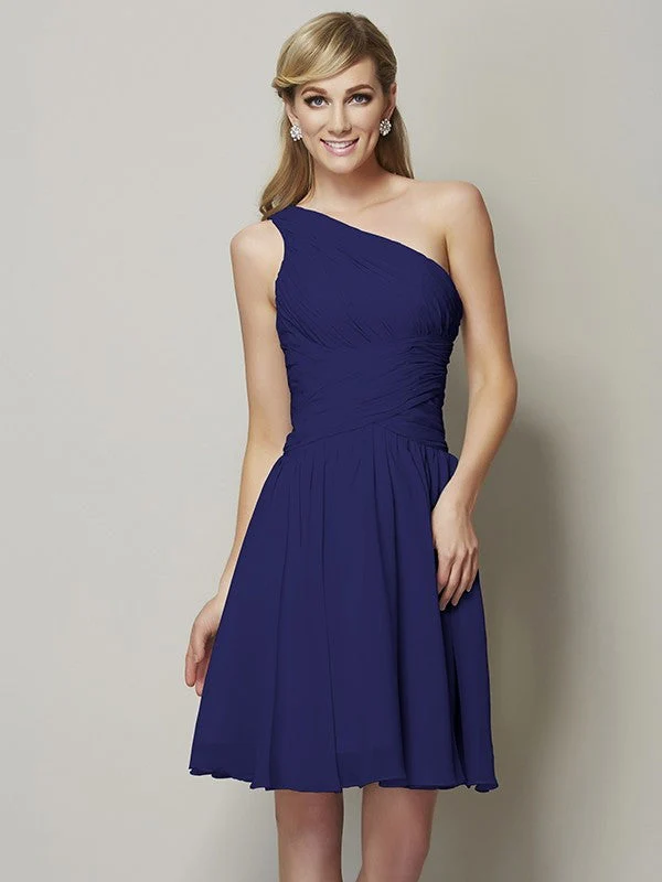 Classy Sleeveless One Shoulders Ruched Short Chiffon Bridesmaid Dresses - Image 25