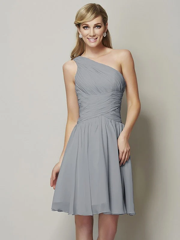 Classy Sleeveless One Shoulders Ruched Short Chiffon Bridesmaid Dresses - Image 26