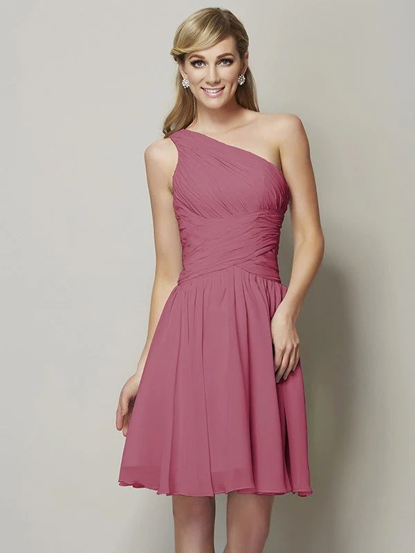 Classy Sleeveless One Shoulders Ruched Short Chiffon Bridesmaid Dresses - Image 27