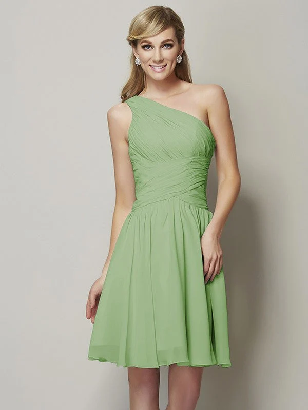 Classy Sleeveless One Shoulders Ruched Short Chiffon Bridesmaid Dresses - Image 28