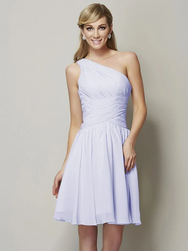 Classy Sleeveless One Shoulders Ruched Short Chiffon Bridesmaid Dresses - Image 29