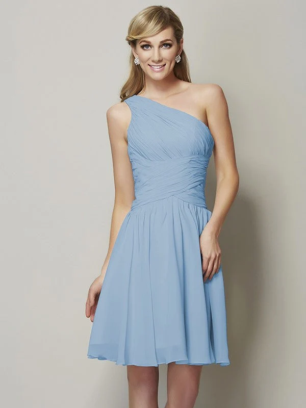 Classy Sleeveless One Shoulders Ruched Short Chiffon Bridesmaid Dresses - Image 3