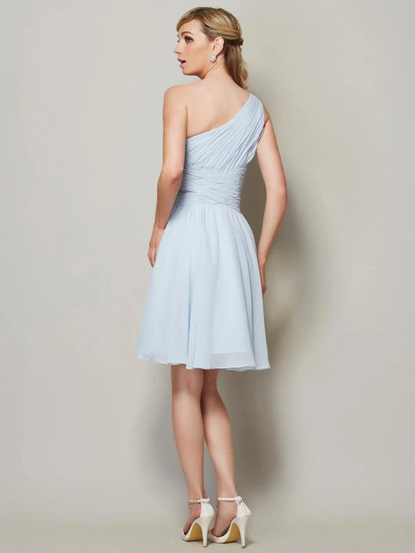 Classy Sleeveless One Shoulders Ruched Short Chiffon Bridesmaid Dresses - Image 30