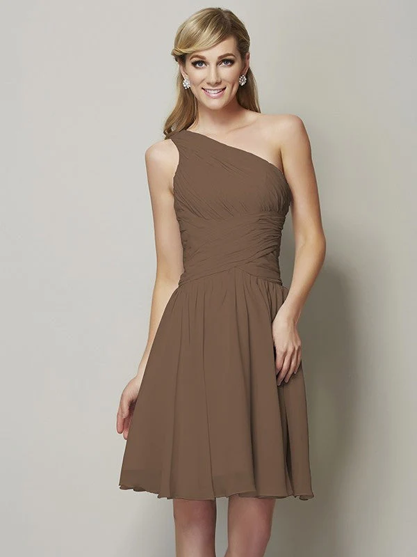Classy Sleeveless One Shoulders Ruched Short Chiffon Bridesmaid Dresses - Image 4