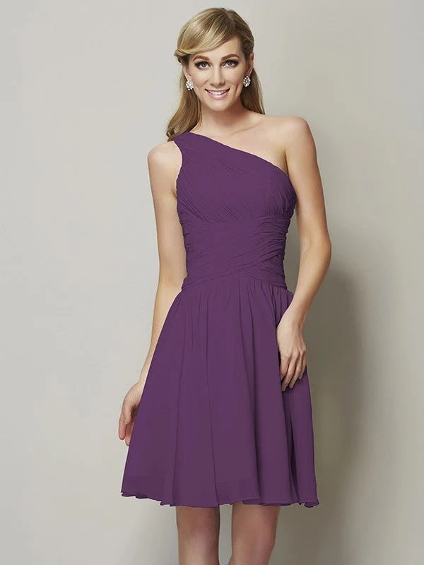 Classy Sleeveless One Shoulders Ruched Short Chiffon Bridesmaid Dresses - Image 5