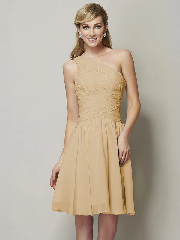 Classy Sleeveless One Shoulders Ruched Short Chiffon Bridesmaid Dresses - Image 6