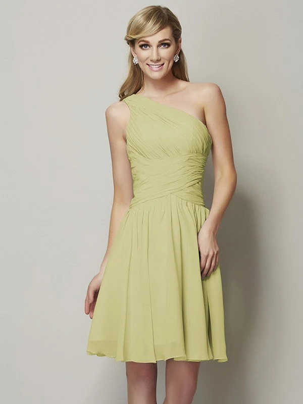 Classy Sleeveless One Shoulders Ruched Short Chiffon Bridesmaid Dresses - Image 7