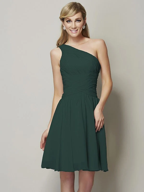 Classy Sleeveless One Shoulders Ruched Short Chiffon Bridesmaid Dresses - Image 8