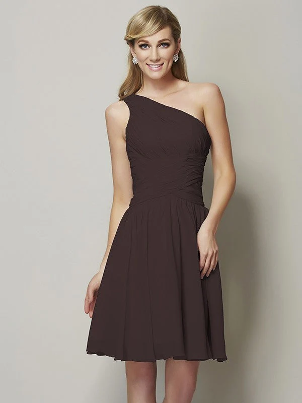 Classy Sleeveless One Shoulders Ruched Short Chiffon Bridesmaid Dresses - Image 9