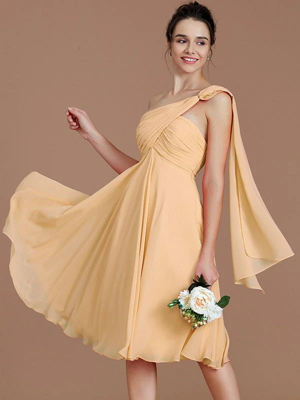 Classy Sleeveless One Shoulders Ruched Short/Mini Chiffon Bridesmaid Dresses - Image 16