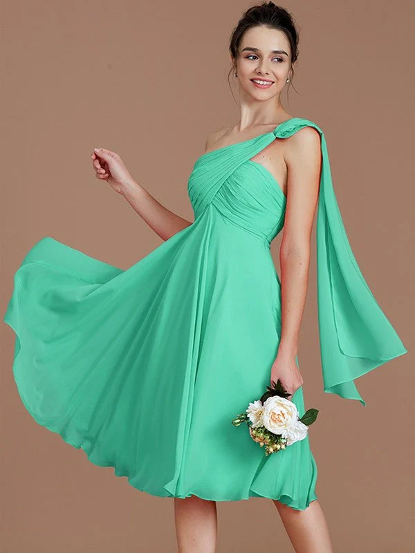 Classy Sleeveless One Shoulders Ruched Short/Mini Chiffon Bridesmaid Dresses - Image 19