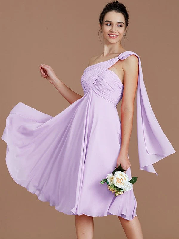Classy Sleeveless One Shoulders Ruched Short/Mini Chiffon Bridesmaid Dresses - Image 23