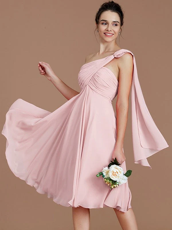 Classy Sleeveless One Shoulders Ruched Short/Mini Chiffon Bridesmaid Dresses - Image 25