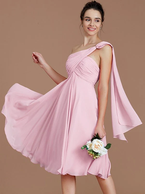 Classy Sleeveless One Shoulders Ruched Short/Mini Chiffon Bridesmaid Dresses - Image 26