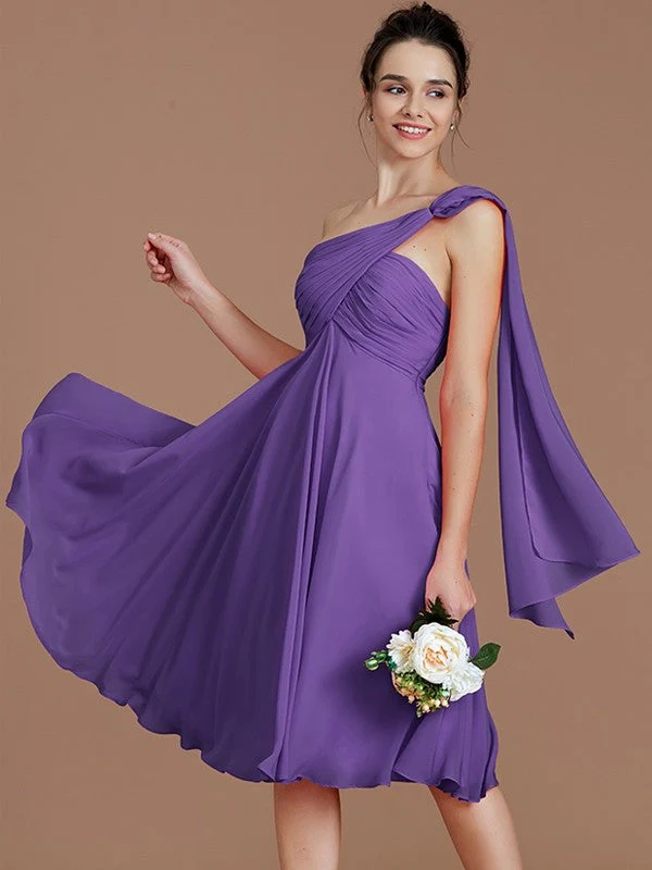Classy Sleeveless One Shoulders Ruched Short/Mini Chiffon Bridesmaid Dresses - Image 28