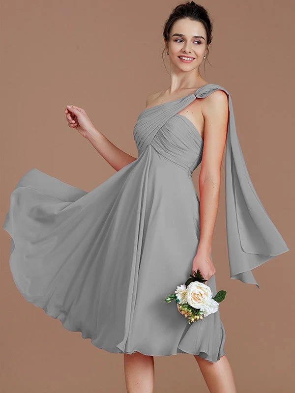 Classy Sleeveless One Shoulders Ruched Short/Mini Chiffon Bridesmaid Dresses - Image 31