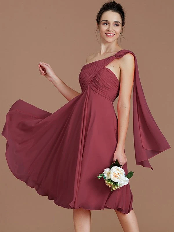 Classy Sleeveless One Shoulders Ruched Short/Mini Chiffon Bridesmaid Dresses - Image 9