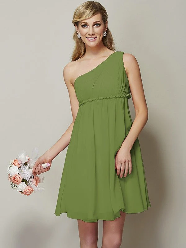 Classy Sleeveless One Shoulders Sash/Ribbon/Belt Short Chiffon Bridesmaid Dresses - Image 12