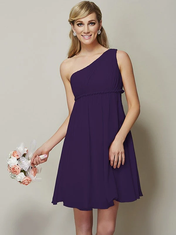 Classy Sleeveless One Shoulders Sash/Ribbon/Belt Short Chiffon Bridesmaid Dresses - Image 13