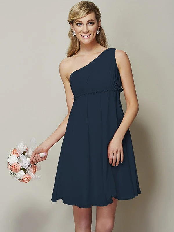 Classy Sleeveless One Shoulders Sash/Ribbon/Belt Short Chiffon Bridesmaid Dresses - Image 15