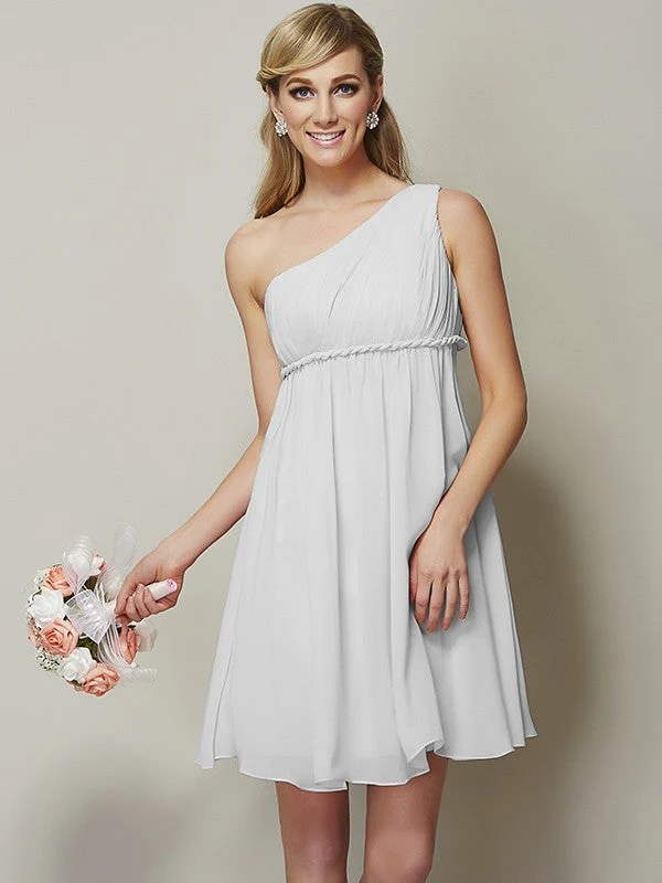 Classy Sleeveless One Shoulders Sash/Ribbon/Belt Short Chiffon Bridesmaid Dresses - Image 16