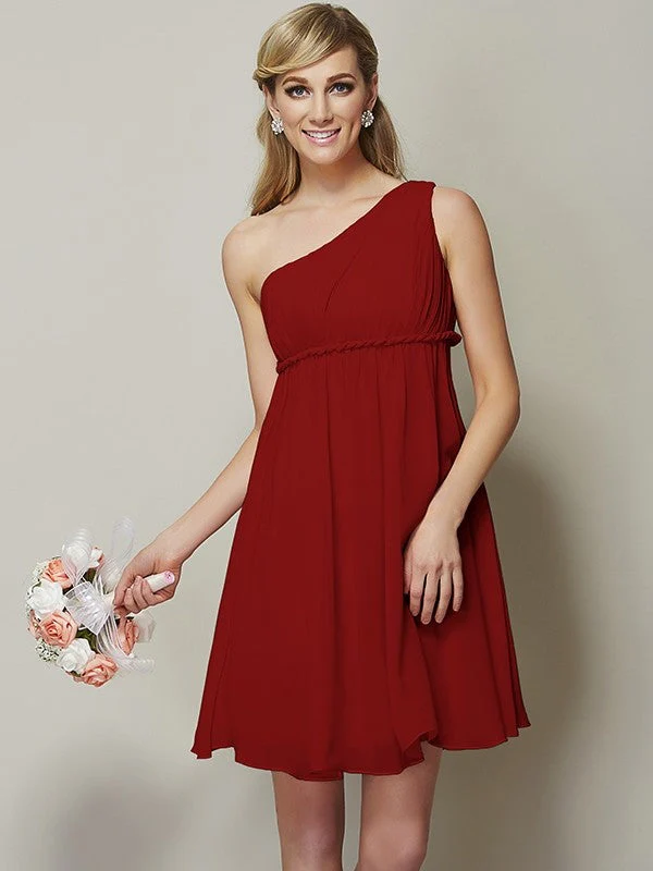 Classy Sleeveless One Shoulders Sash/Ribbon/Belt Short Chiffon Bridesmaid Dresses - Image 23