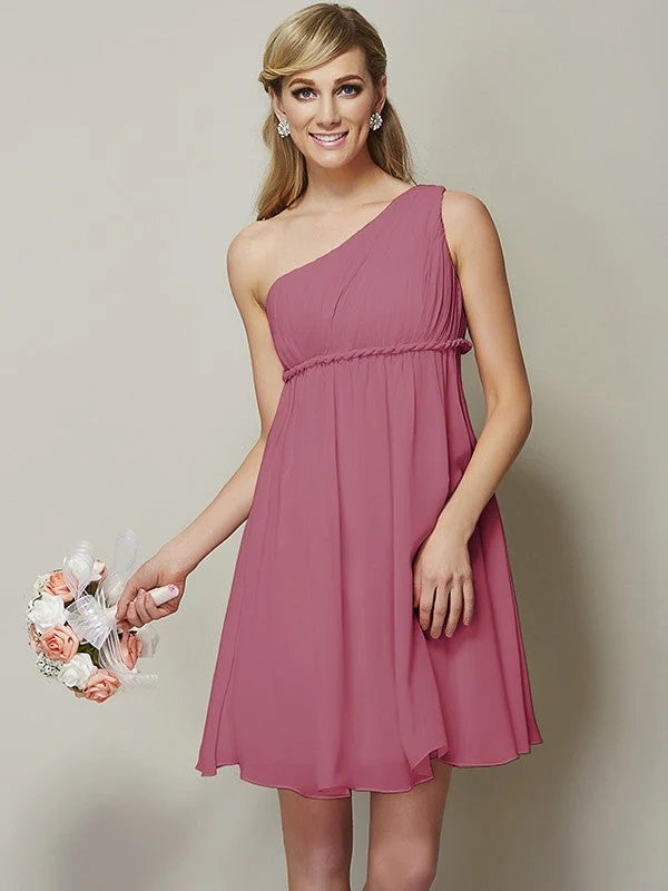 Classy Sleeveless One Shoulders Sash/Ribbon/Belt Short Chiffon Bridesmaid Dresses - Image 28