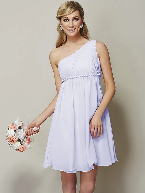 Classy Sleeveless One Shoulders Sash/Ribbon/Belt Short Chiffon Bridesmaid Dresses - Image 29