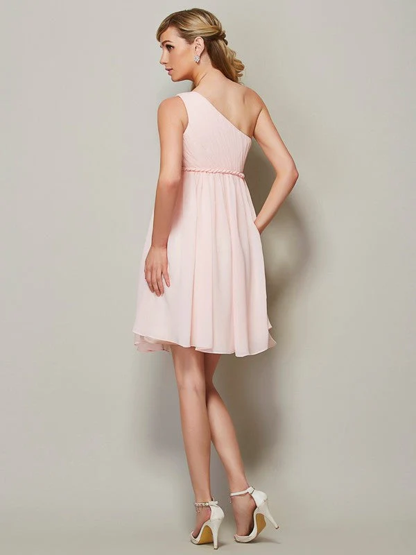 Classy Sleeveless One Shoulders Sash/Ribbon/Belt Short Chiffon Bridesmaid Dresses - Image 30