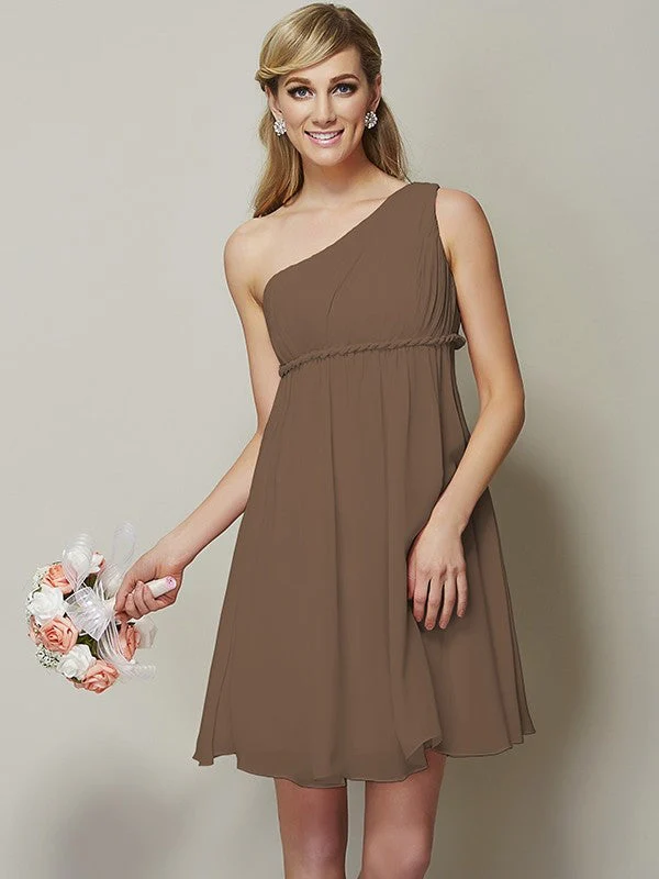 Classy Sleeveless One Shoulders Sash/Ribbon/Belt Short Chiffon Bridesmaid Dresses - Image 4