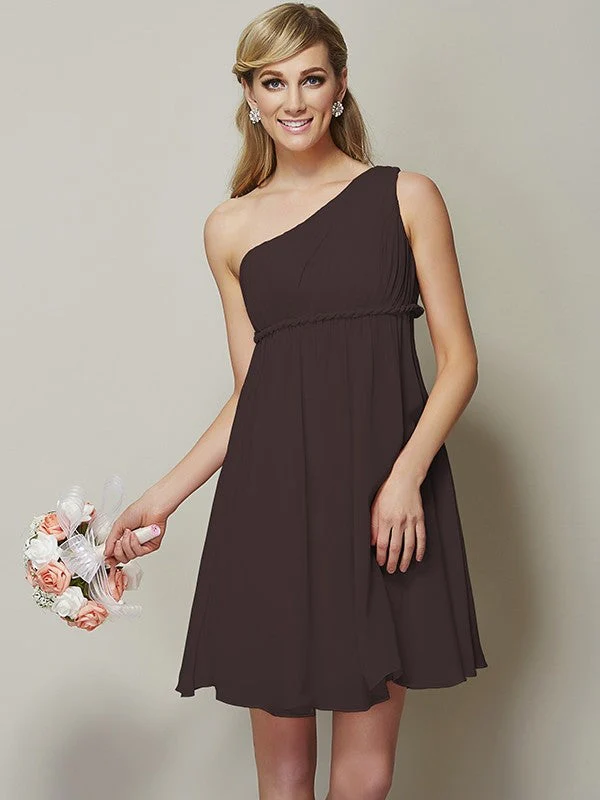 Classy Sleeveless One Shoulders Sash/Ribbon/Belt Short Chiffon Bridesmaid Dresses - Image 6