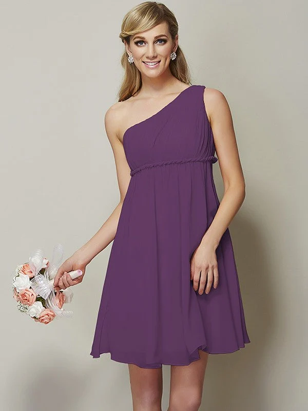 Classy Sleeveless One Shoulders Sash/Ribbon/Belt Short Chiffon Bridesmaid Dresses - Image 7