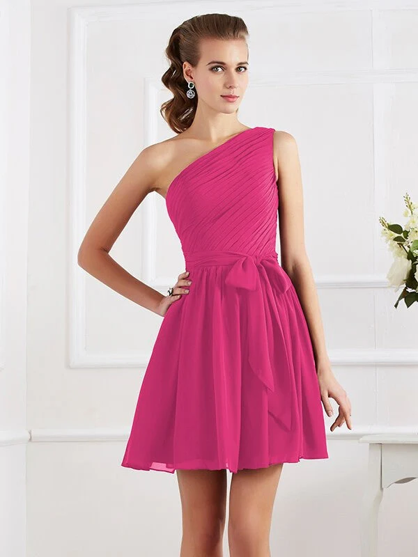 Charming Pleats One Shoulder Sleeveless Short Chiffon Bridesmaid Dresses - Image 10