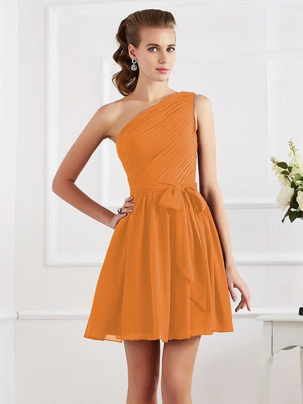 Charming Pleats One Shoulder Sleeveless Short Chiffon Bridesmaid Dresses - Image 19